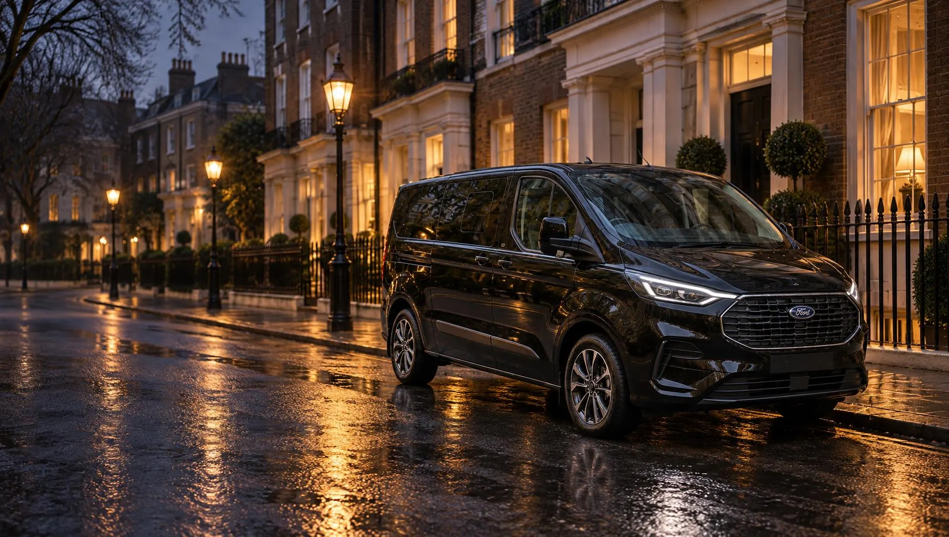 Black Ford Tourneo Custom chauffeur vehicle on a London street at dusk